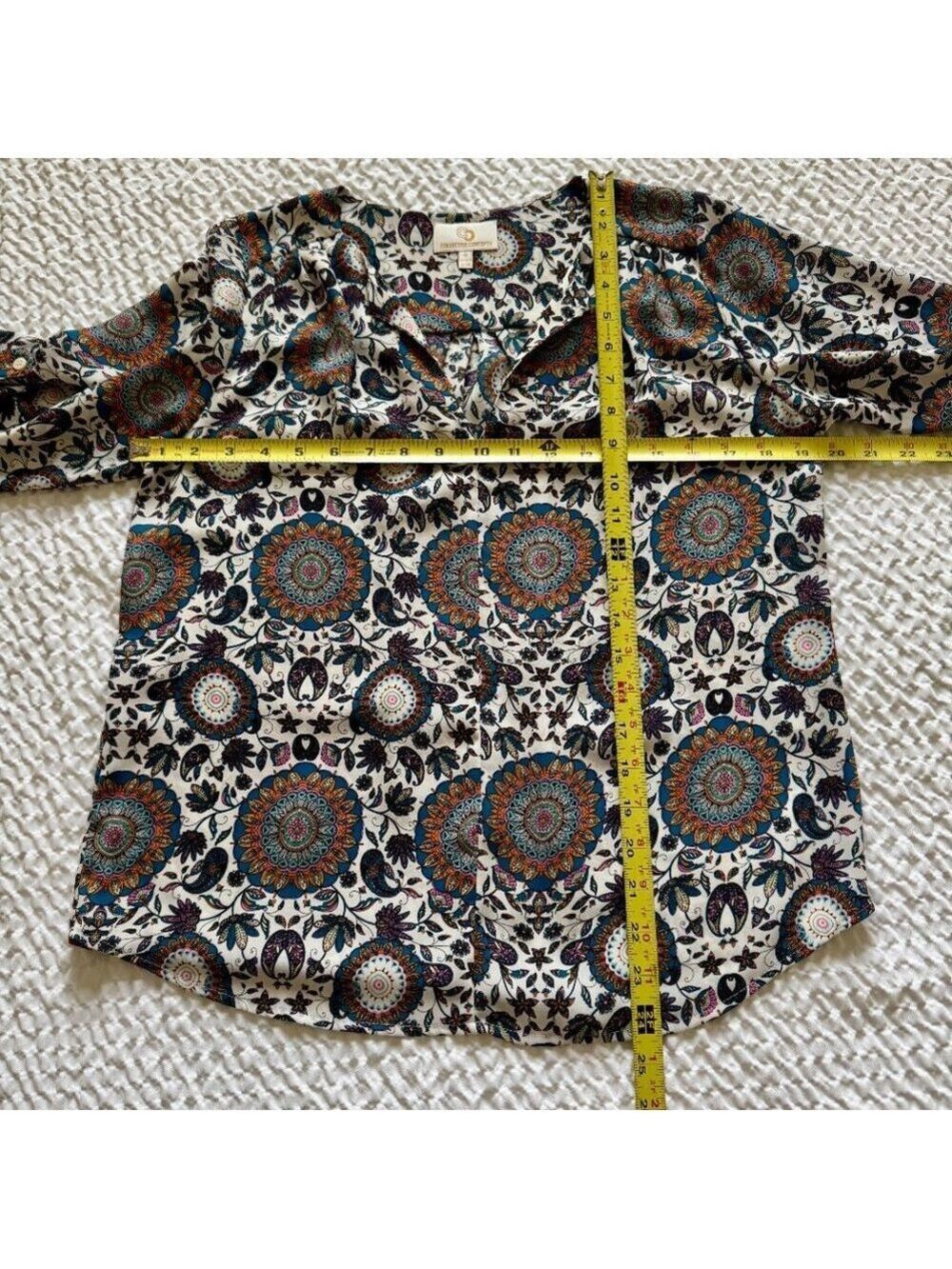 Paisley Print Split V-Neck, 3/4 Sleeve Blouse, Multicolor, Size Small - Picture 8 of 8